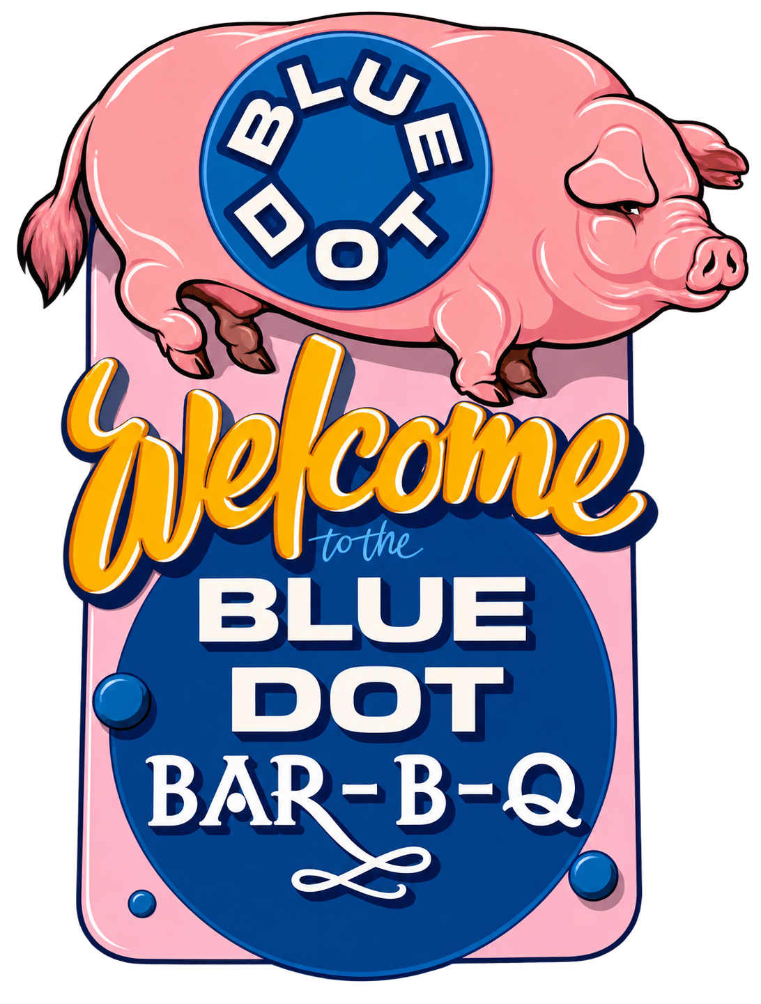 Vintage Blue Dot Bar-B-Q pig sign