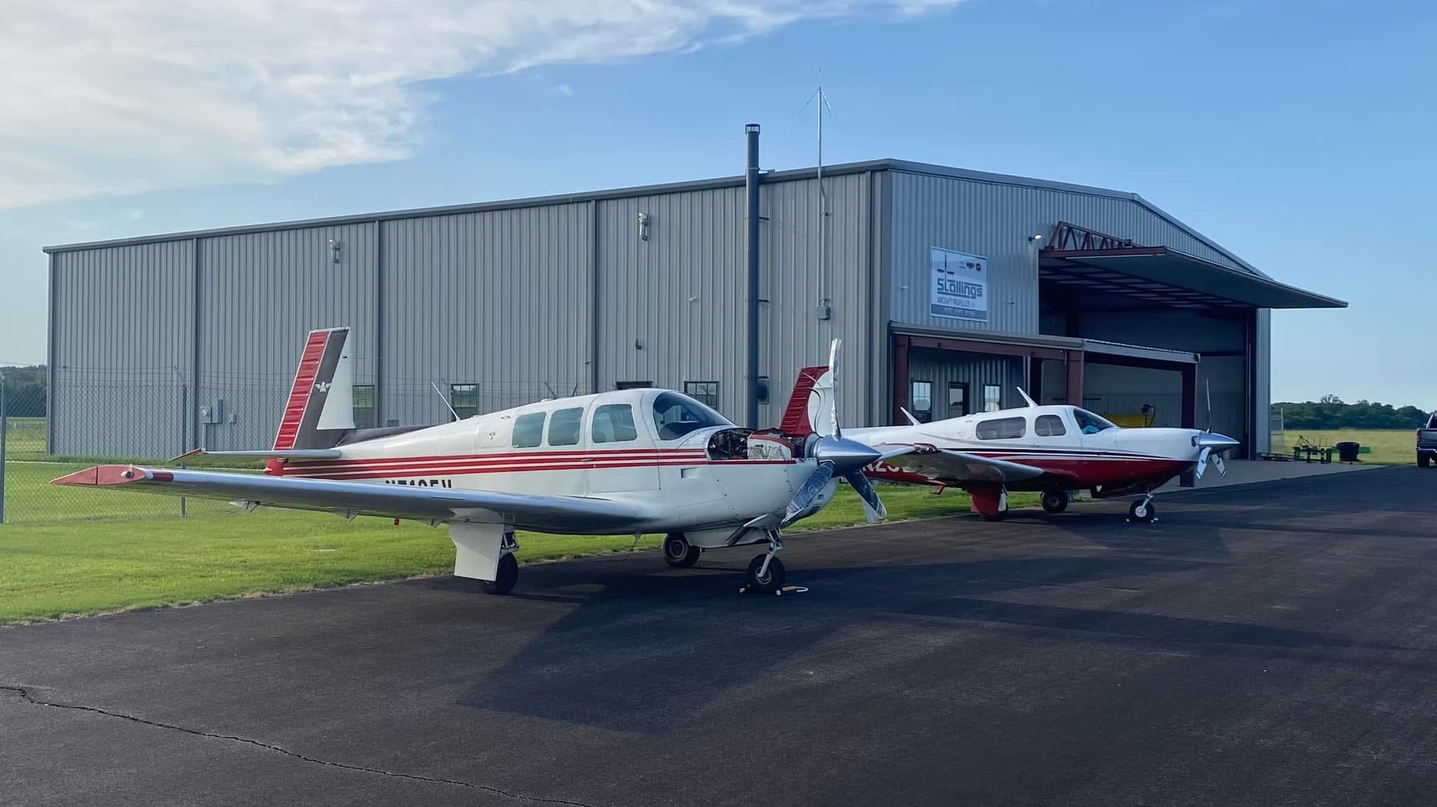 Aircraft parked in front of the Stallings Aircraft Propeller facility